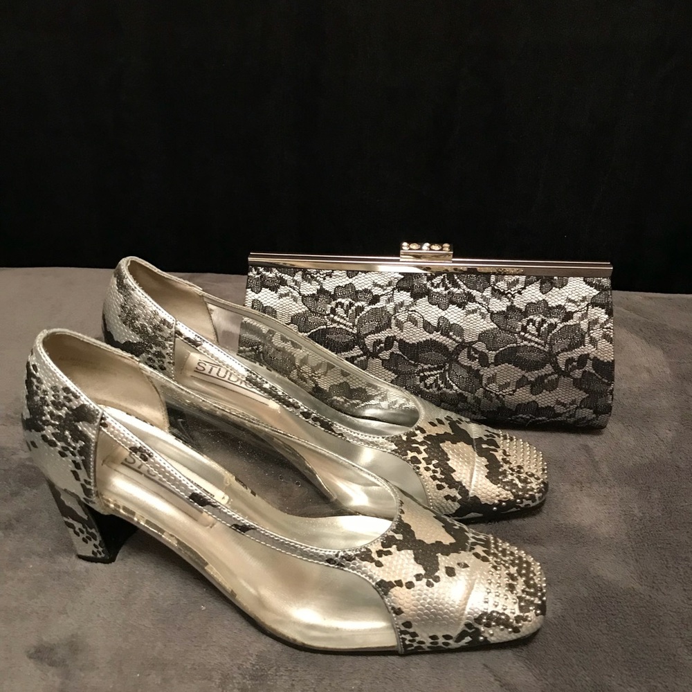 Black and Silver 3” Heels with Clutch